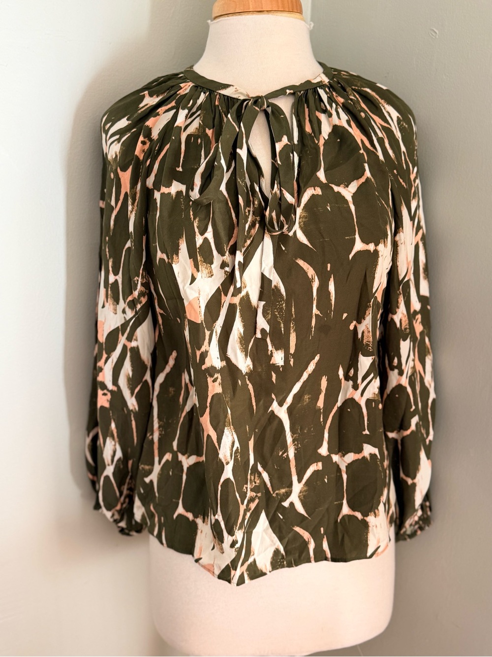 Marie Oliver 100 % silk, Olive & Blush Tie-Neck Printed Blouse
